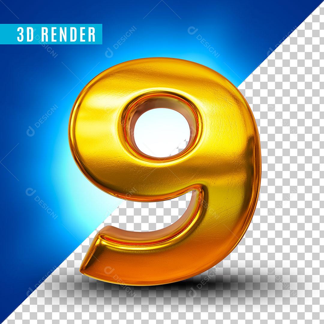 Elemento 3D Número 9 Dourado Para Composição PSD