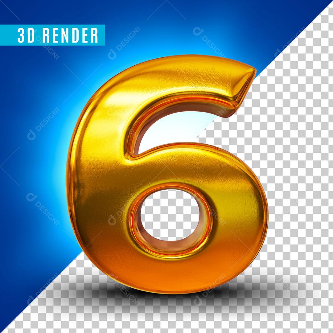 Elemento 3D Número 6 Dourado Para Composição PSD