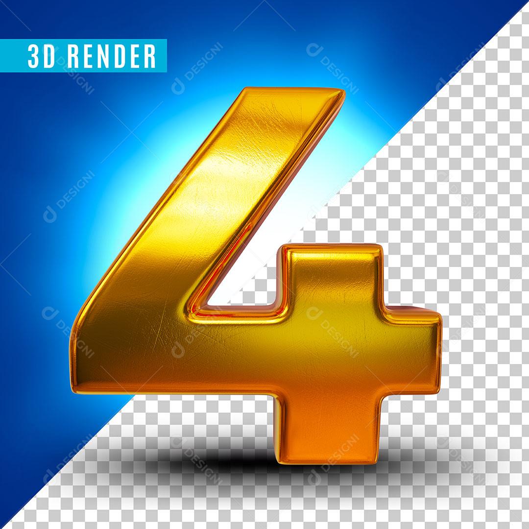 Elemento 3D Número 4 Dourado Para Composição PSD