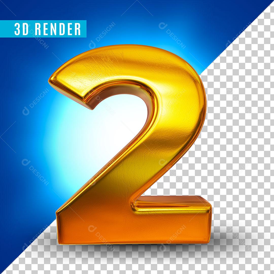 Elemento 3D Número 2 Dourado Para Composição PSD