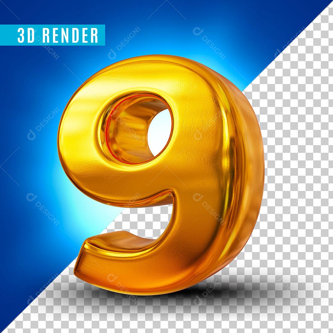 Elemento 3D Número 9 Dourado Para Composição PSD