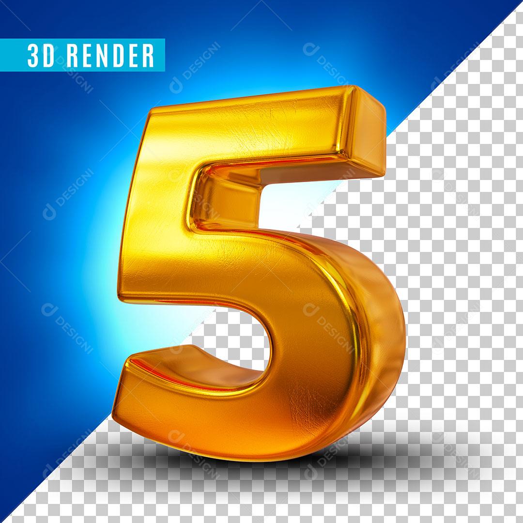 Elemento 3D Número 5 Dourado Para Composição PSD