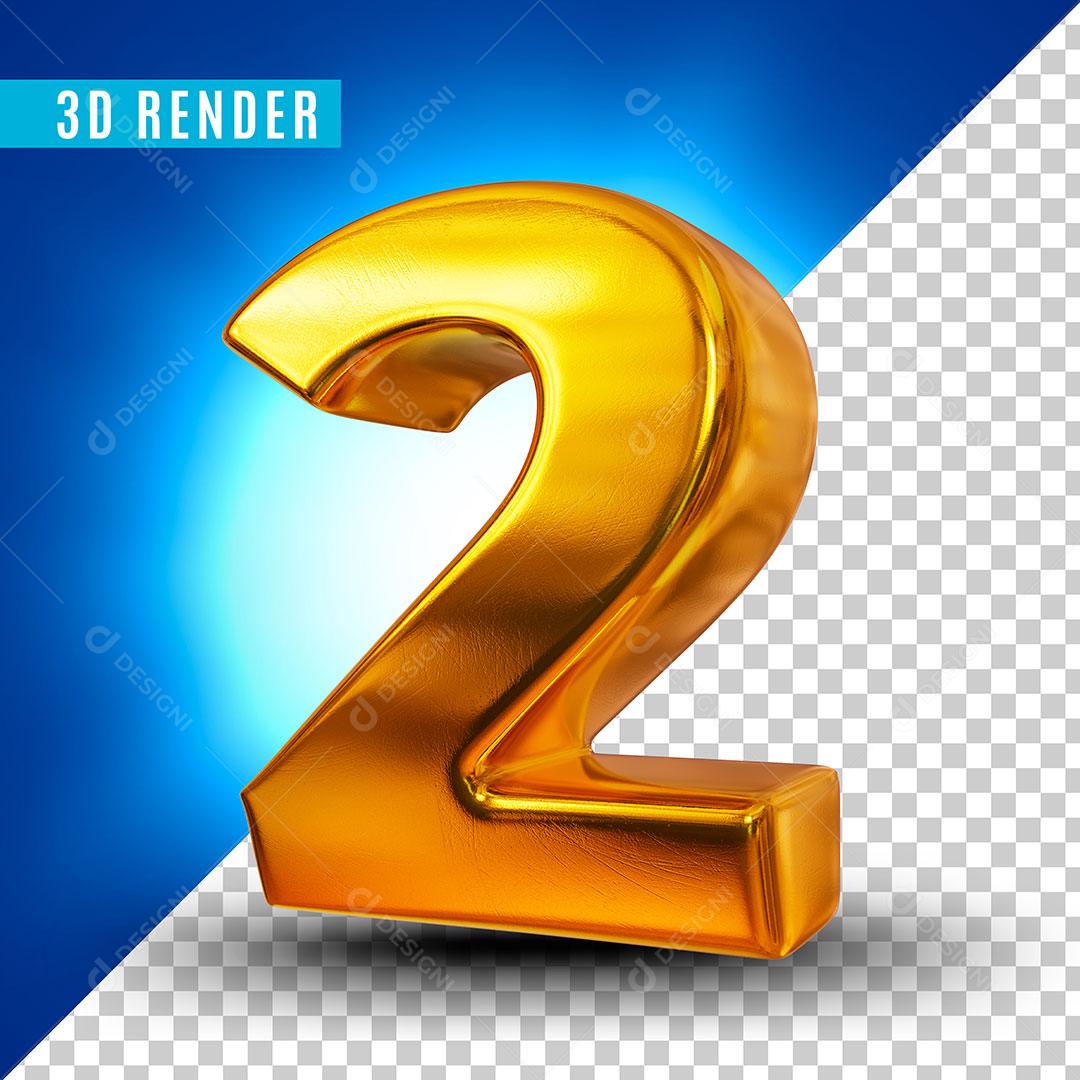 Elemento 3D Número 2 Dourado Para Composição PSD