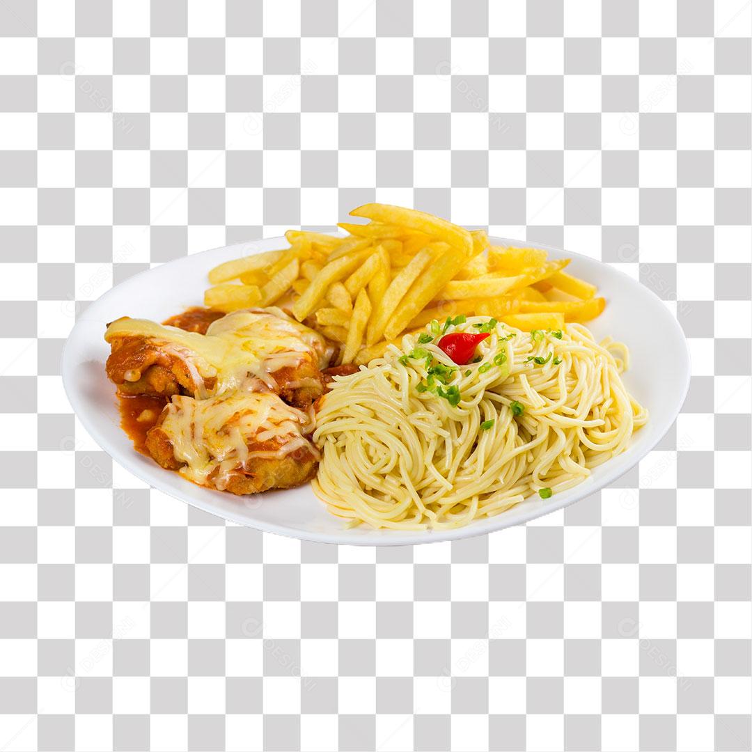 Carne Espaguete Feijão e Batata Frita Servidos em Prato PNG Transparente