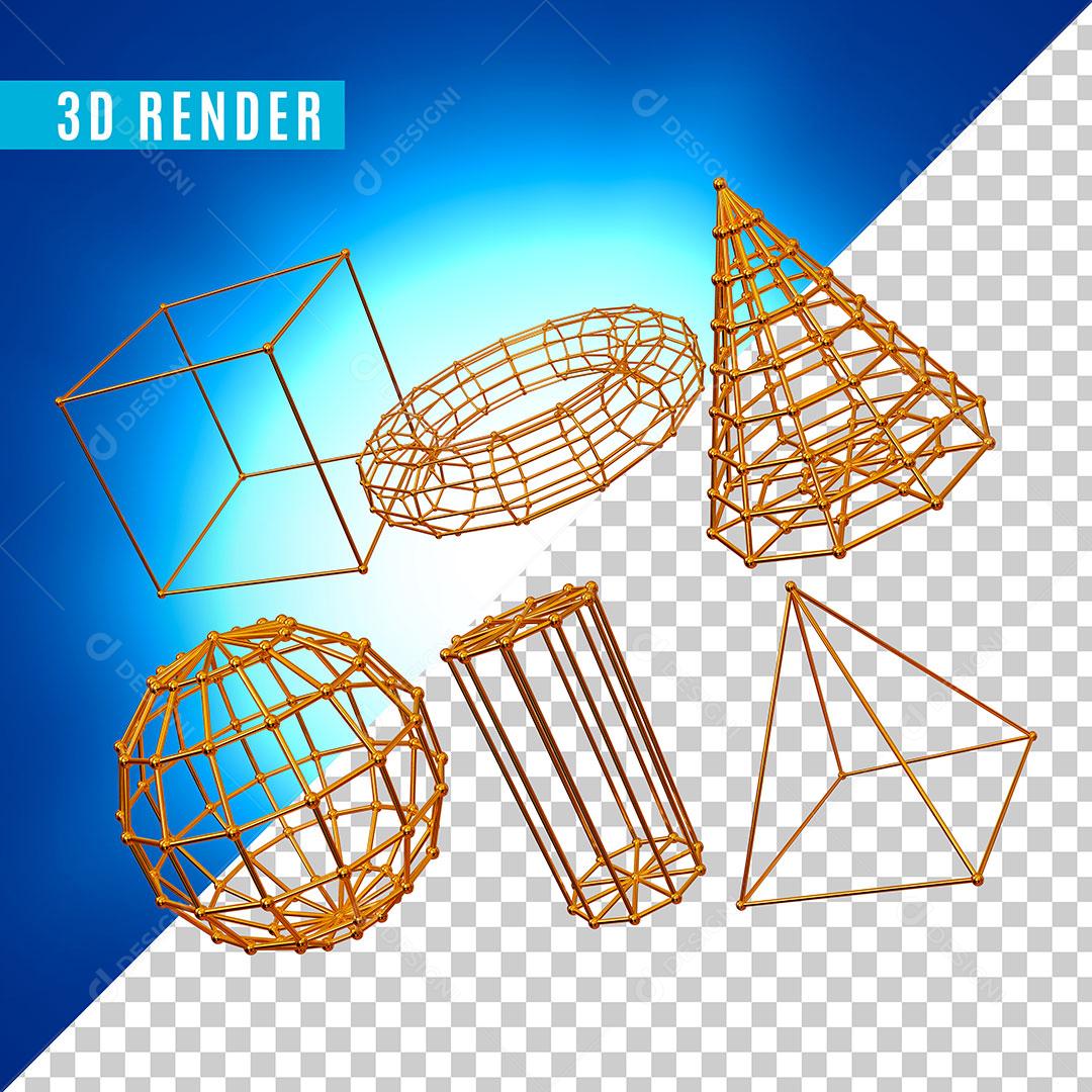 Elemento 3D Formas Géometricas Dourada Para Composição PSD