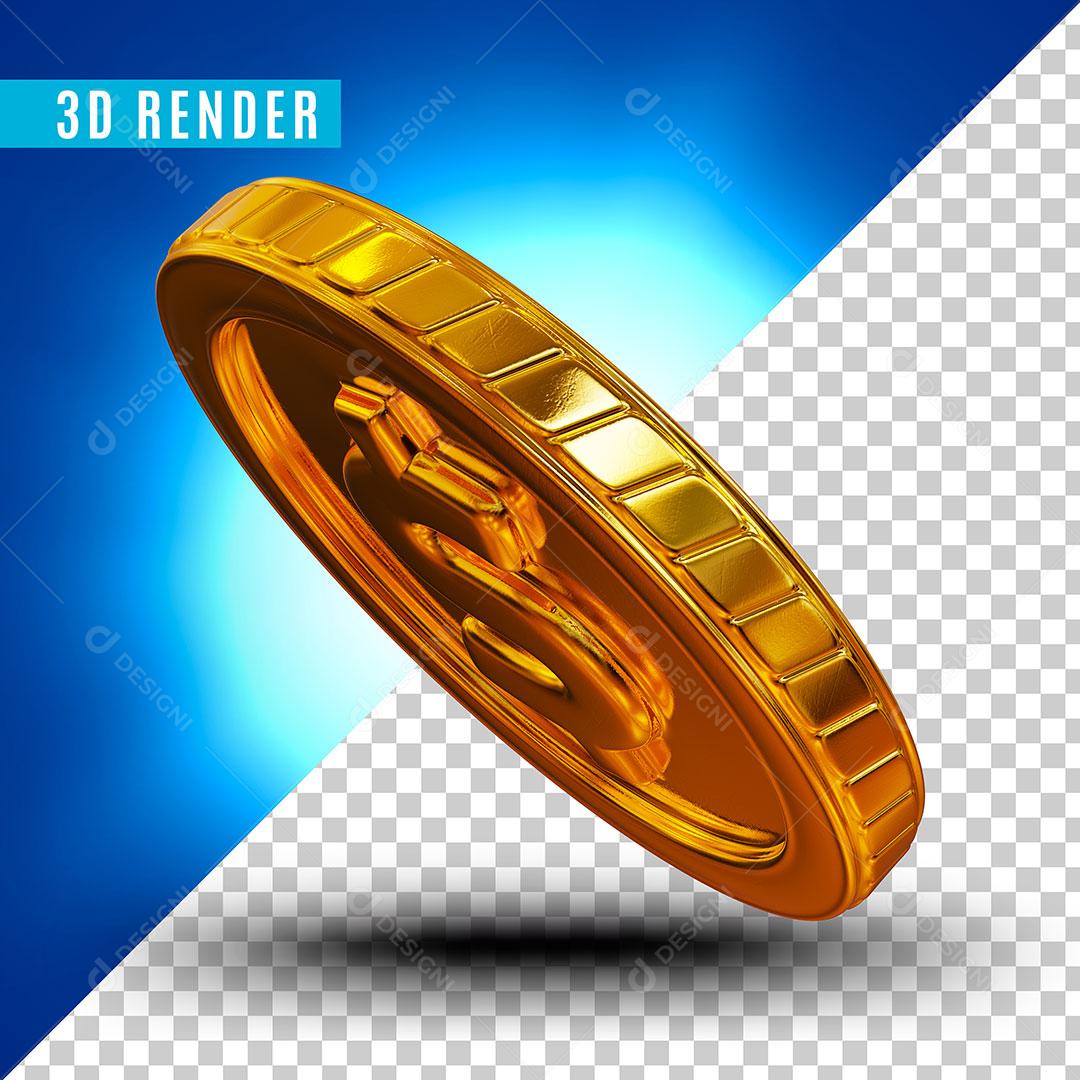 Elemento 3D Moeda Deitada Pra Esquerda Dourada Para Composição PSD