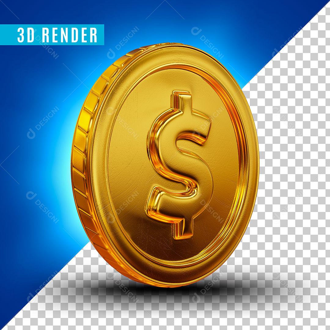 Elemento 3D Moeda Dourada De Pé De Frente Pra Direita Para Composição PSD