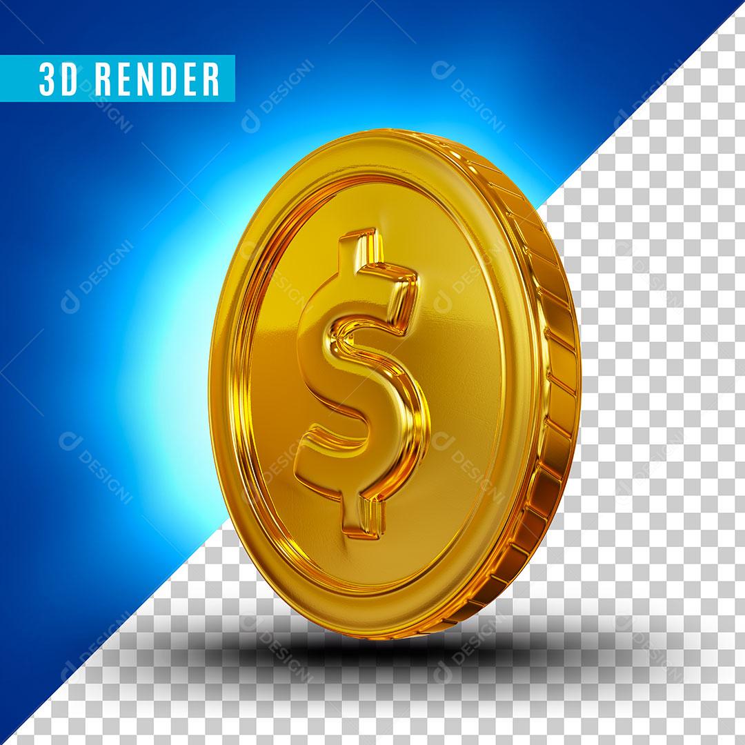 Elemento 3D Moeda Dourada De Pé Pra Esquerda Para Composição PSD