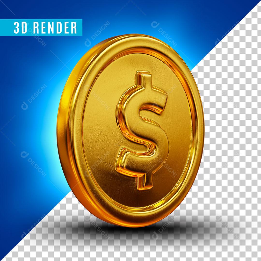 Elemento 3D Moeda Dourada Cifrão Em Pé Para Composição PSD