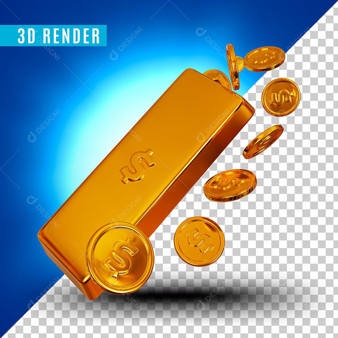 Elemento 3D Barra de Ouro e Moedas para Composição PSD