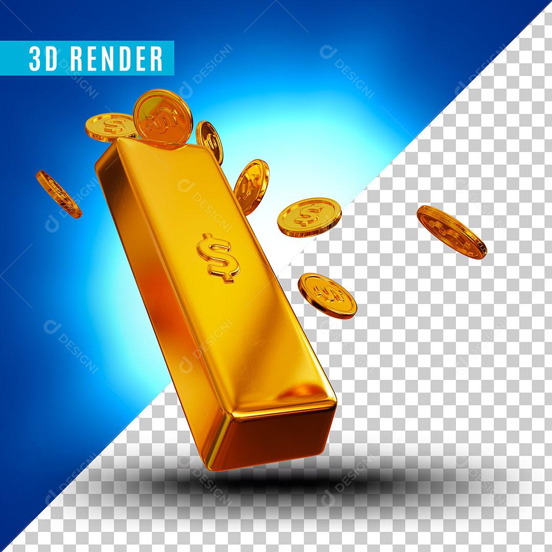 Elemento 3D Barra de Ouro e Moedas para Composição PSD