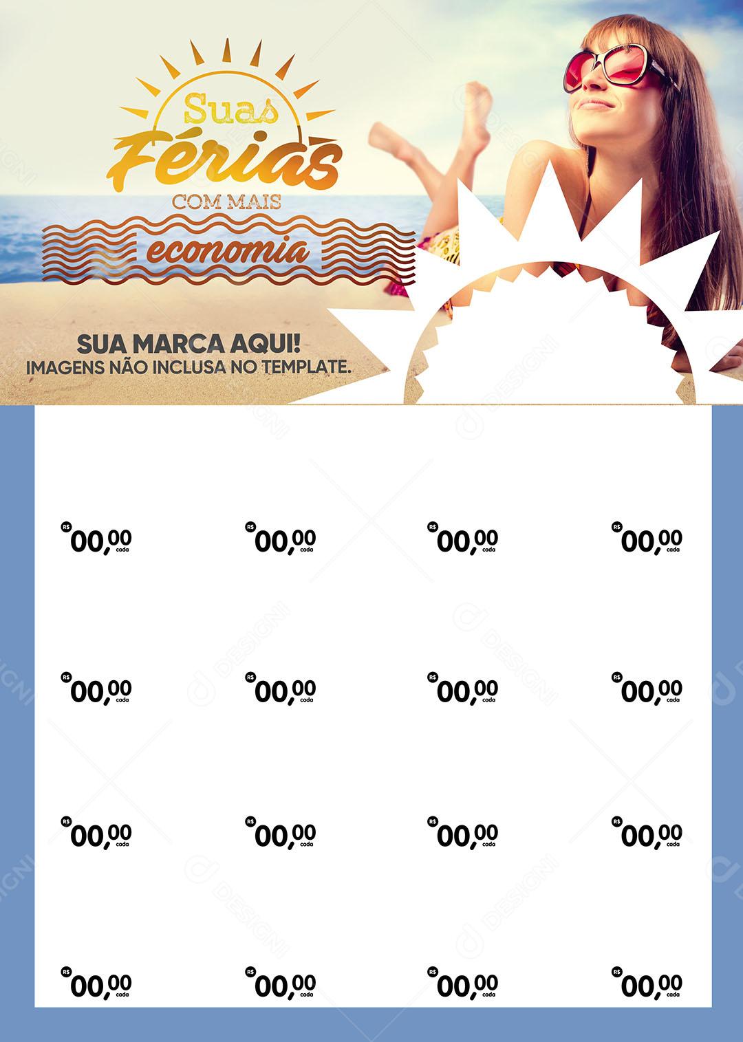 Folheto A4 Encarte Supermercado Suas Férias Com Mais Economia Logo Social Media PSD Editável