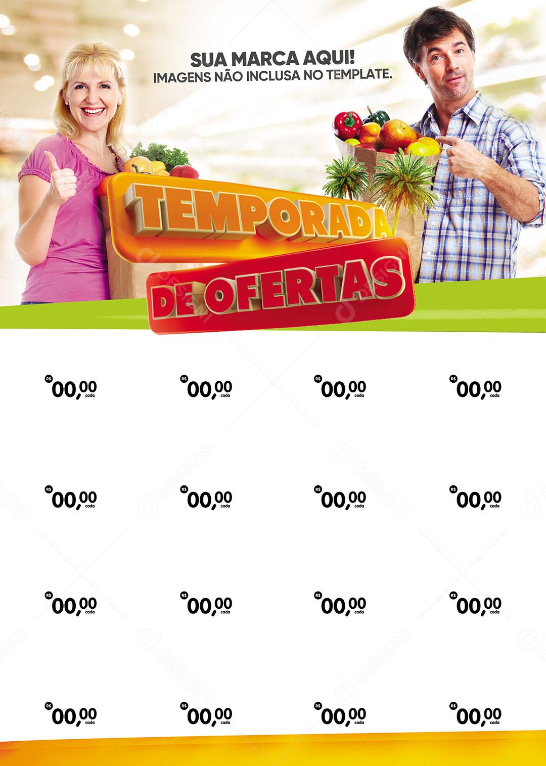 Folheto A4 Encarte Supermercado Temporada de Ofertas Social Media PSD Editável