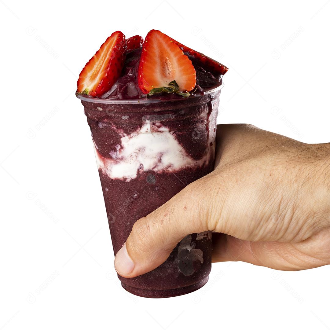 Foto Homem Segurando Brasileiro Congelado Açai Sorvete Smoothie Copo Plástico Morangos