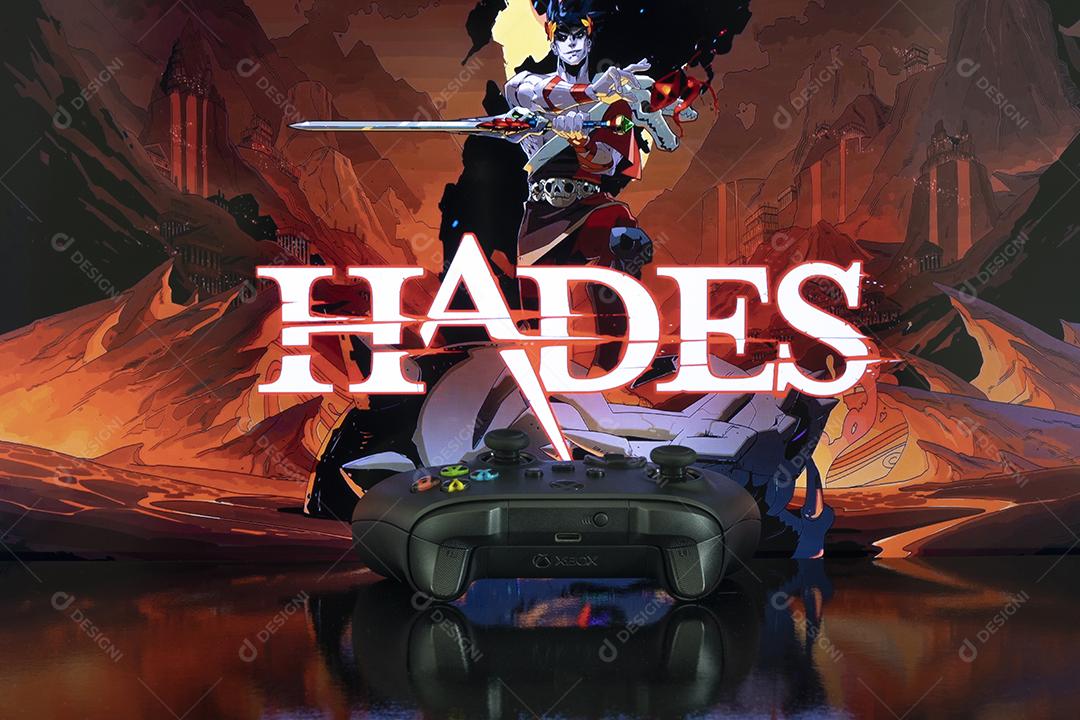 Hades na Tela da Tv Com o Controle do Xbox Series e Playstation 5  Imagem JPG