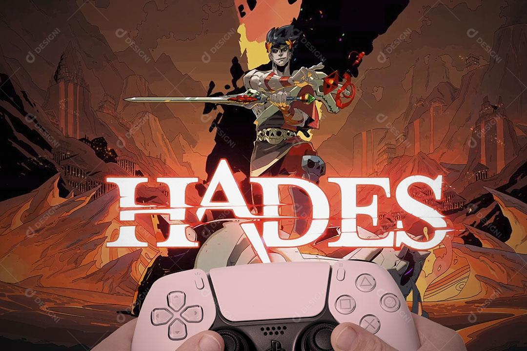 Hades na Tela da Tv Com o Controle do Xbox Series e Playstation 5  Imagem JPG