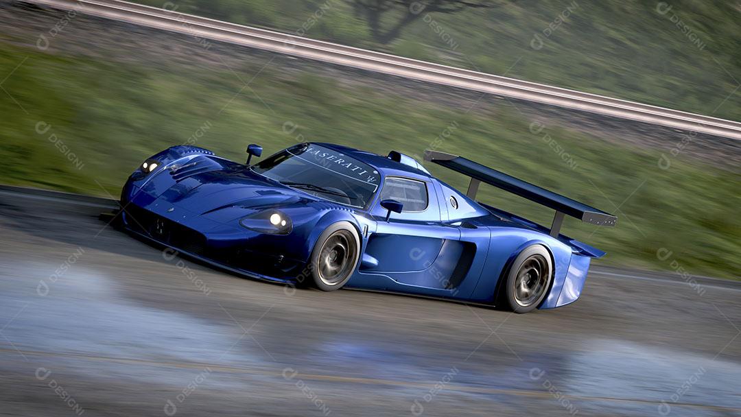 Blue Maserati Em Alta Velocidade Ilustração 3d Imagem JPG