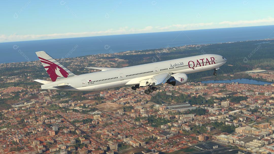 Boeing 777 Qatar Voando no Jogo Flight Simulator 2020 Imagem JPG