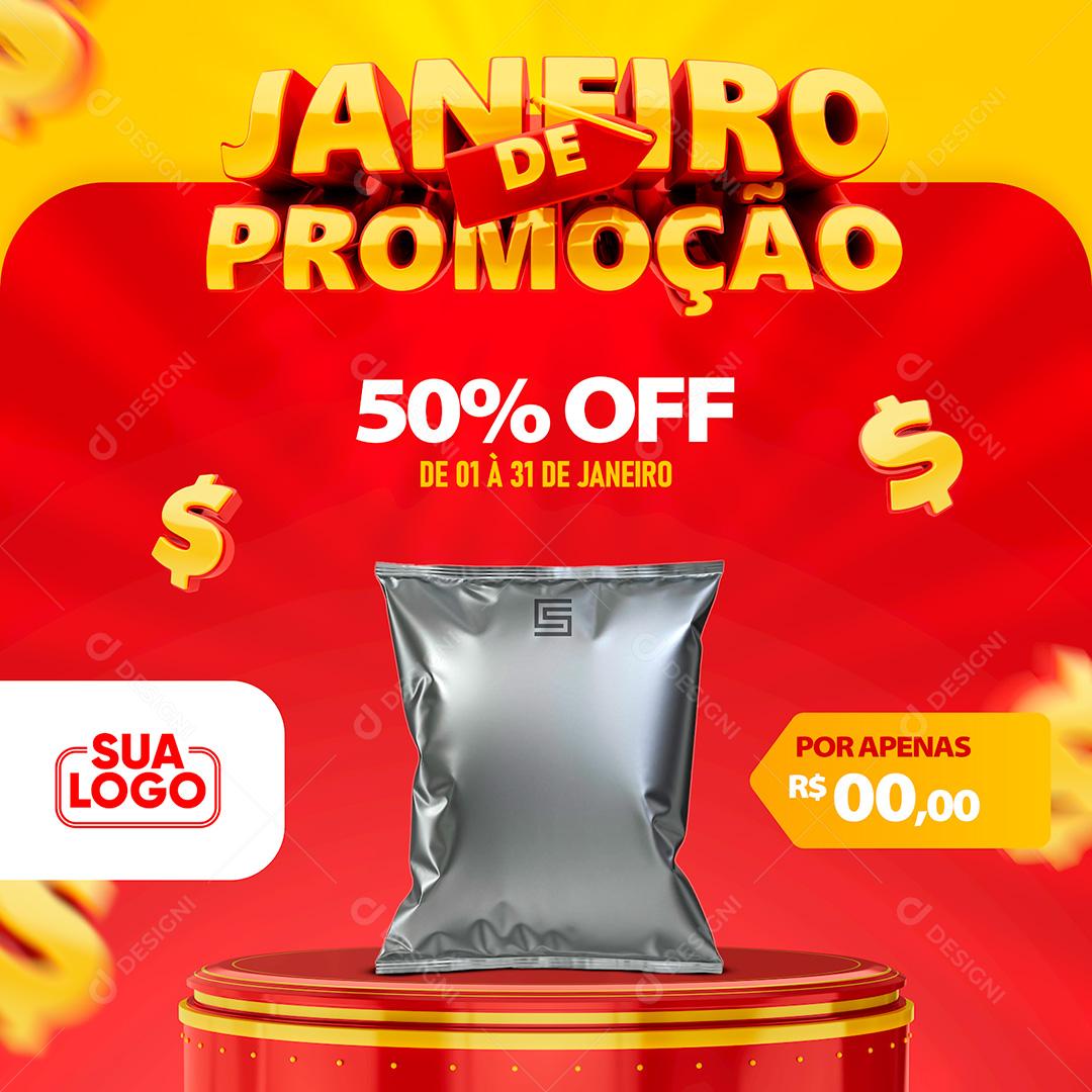 Social Media Template Janeiro de Promoção 50% Off Podium PSD Editável