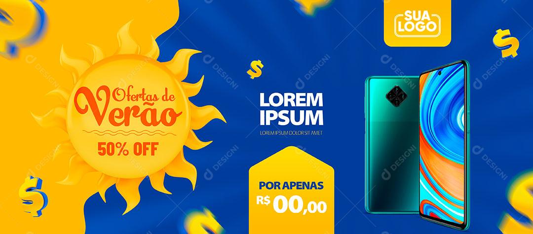Social Media Banner Template Verão de Ofertas 50% Off Celular PSD Editável