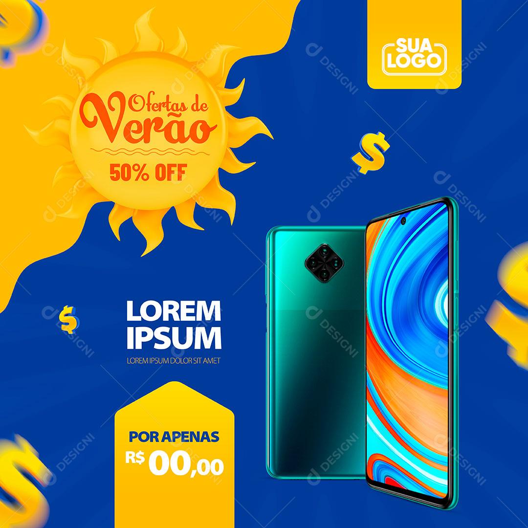 Social Media Feed Template Verão de Ofertas 50% Off Celular PSD Editável