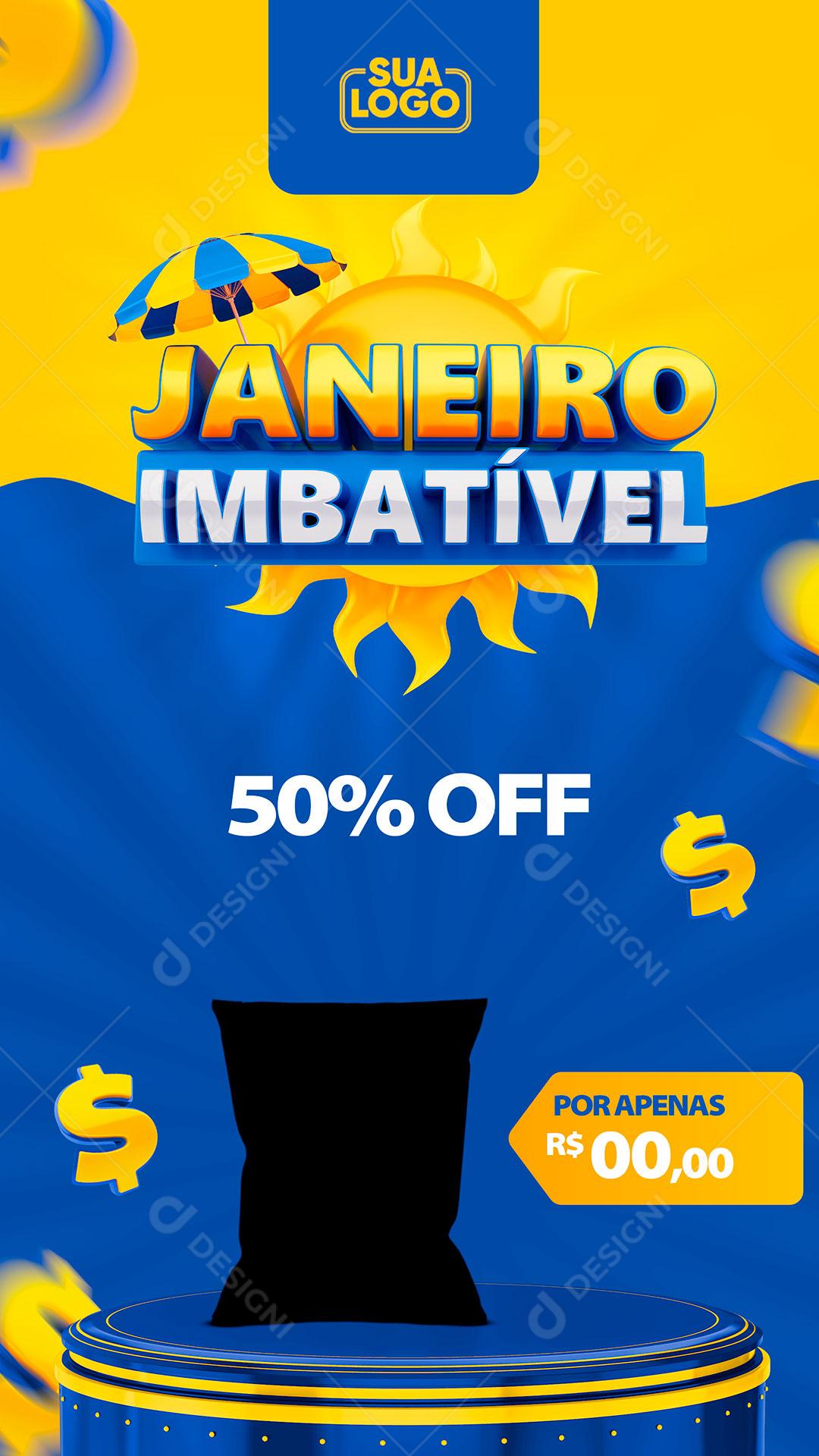 Social Media Template Story Janeiro Imbatível 50% Off Podium Produto PSD Editável