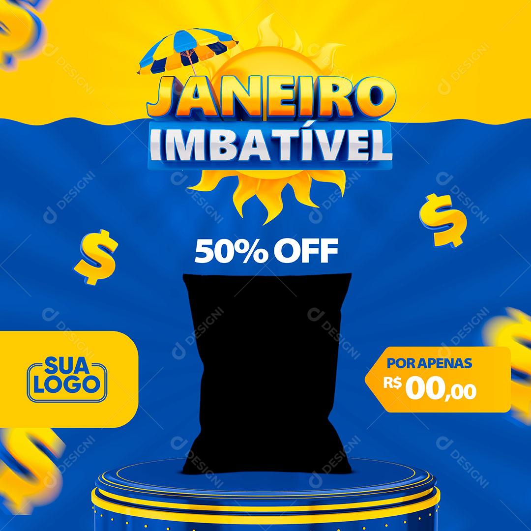 Social Media Template Feed Janeiro Imbatível 50% Off Podium Produto PSD Editável