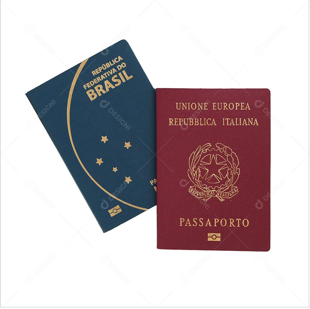 Passaporte Italiano e Brasileiro Isolado no Fundo Branco - Dupla Cidadania JPG