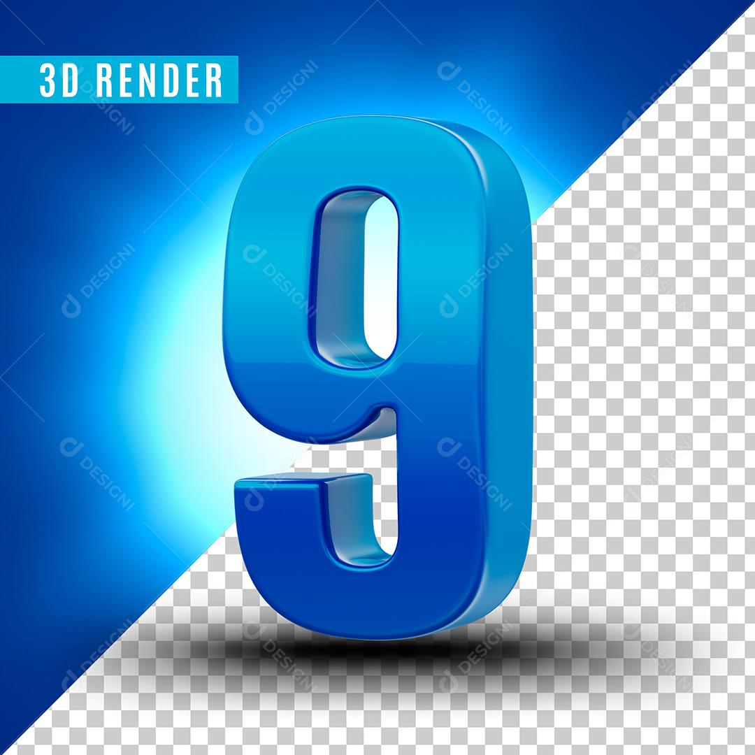 Número 3D 9 Azul Para Composição PSD Editável