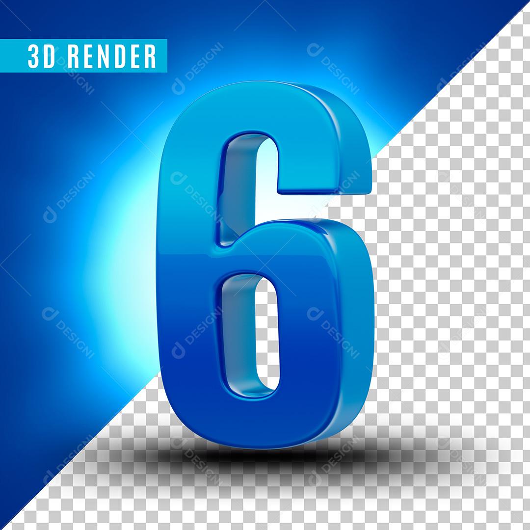 Número 3D 6 Azul Para Composição PSD Editável