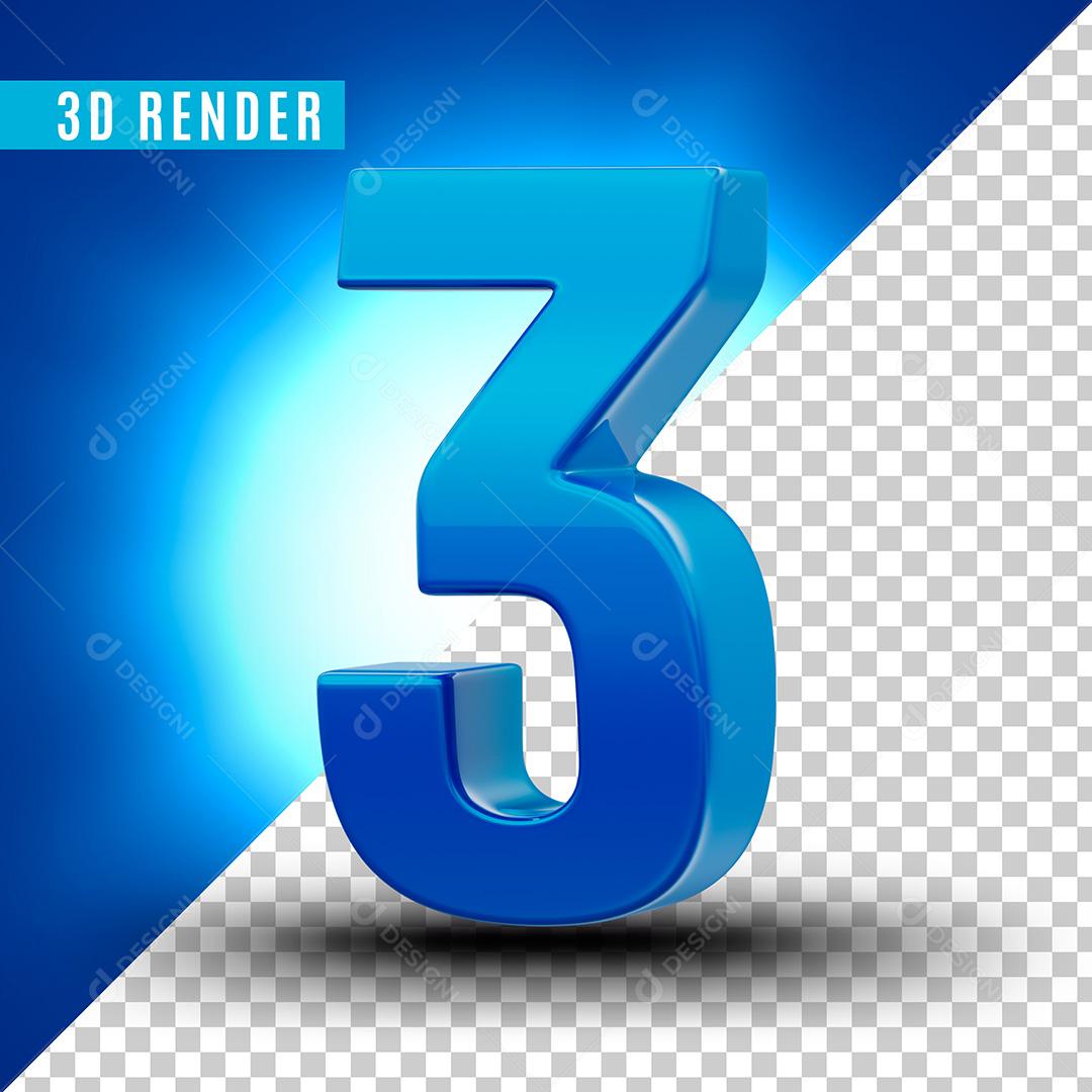 Número 3D 3 Azul Para Composição PSD Editável