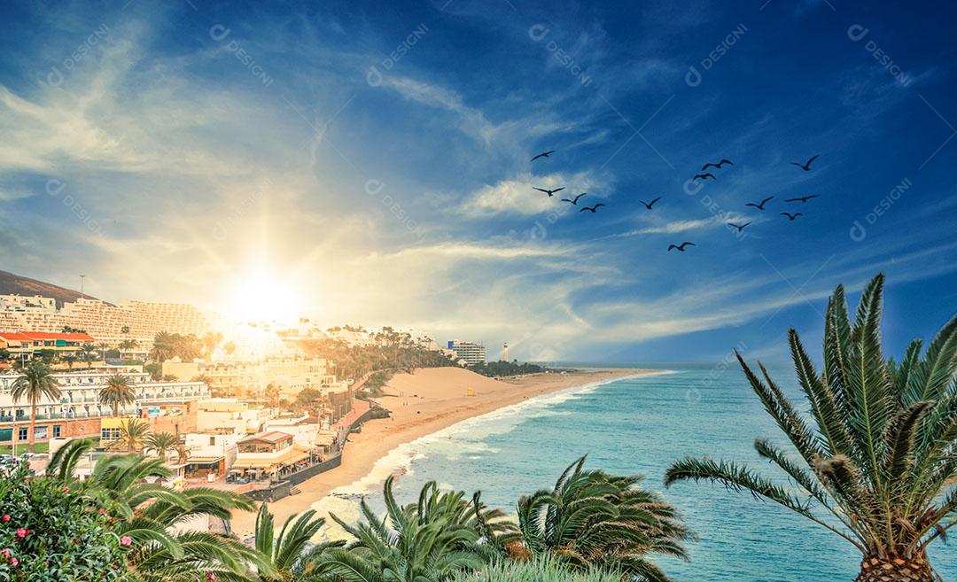 Foto Vista da Praia de Morro Jable Em Fuerteventura Ao Pôr do Sol Ilhas Canárias Espanha