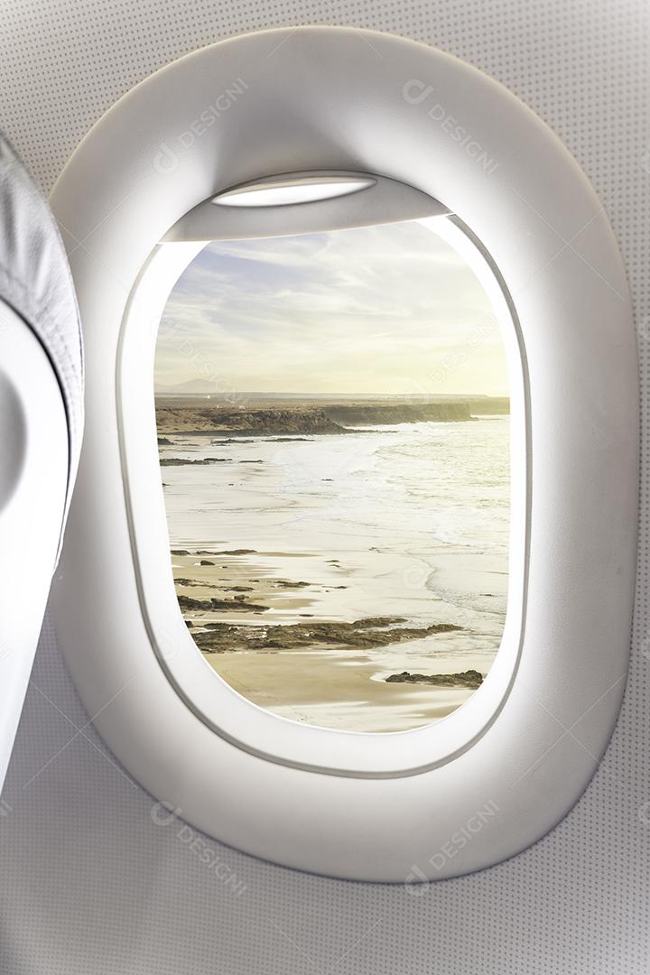 Foto Vista de Uma Janela de Avião de Um Pôr do Sol Dramático Conceito de Férias