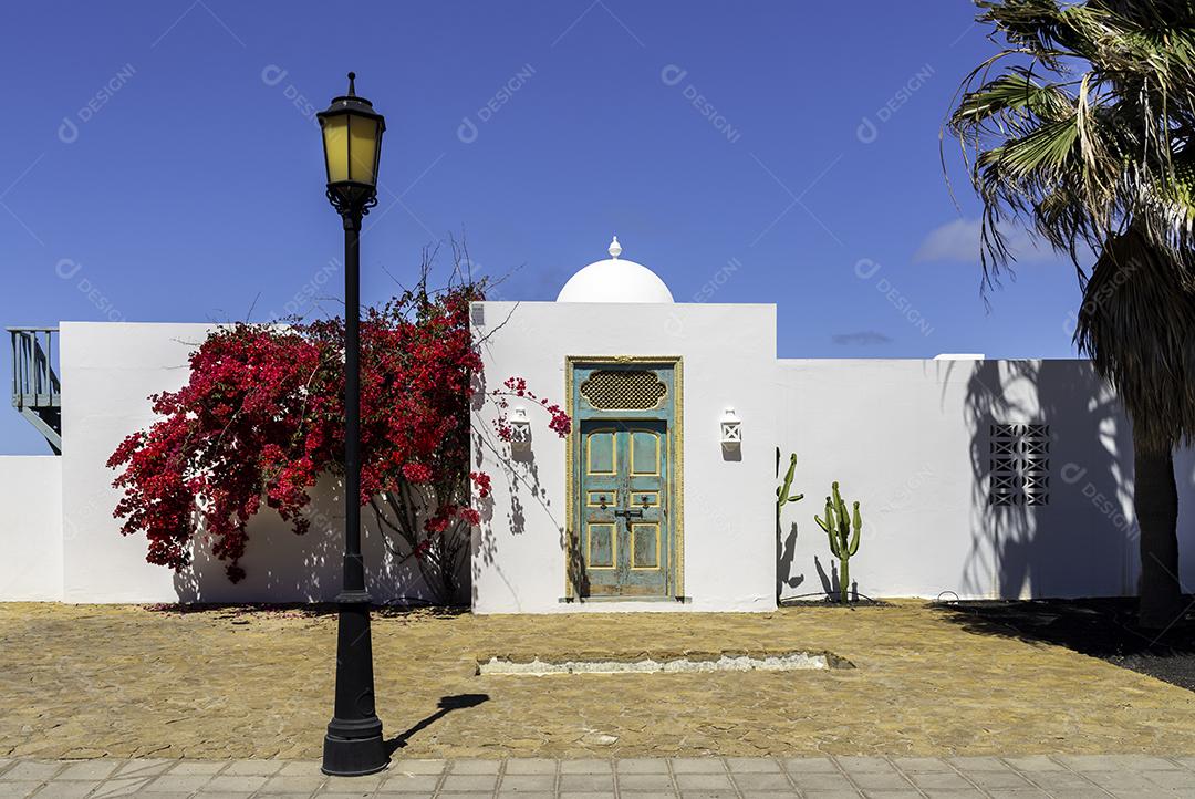 Foto Entrada para Casa Rústica Elementos Árabes e Flores Vermelhas na Parede Lateral