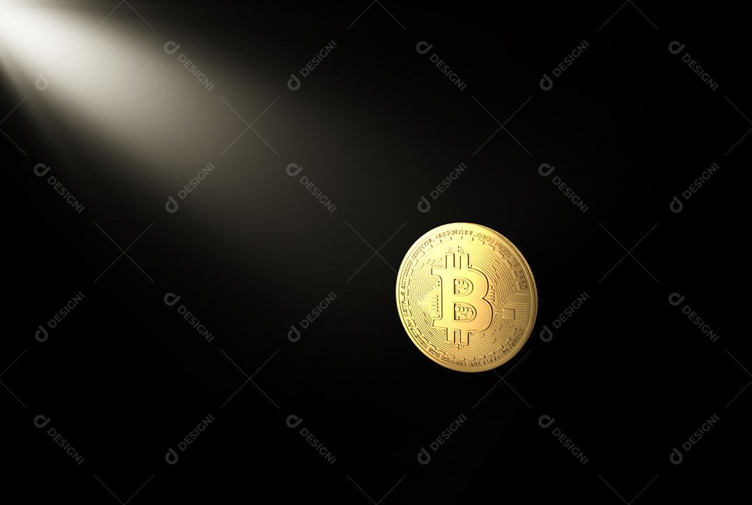 Moeda Virtual Bitcoin Sendo Iluminada por Um Holofote Fundo Preto Imagem JPG