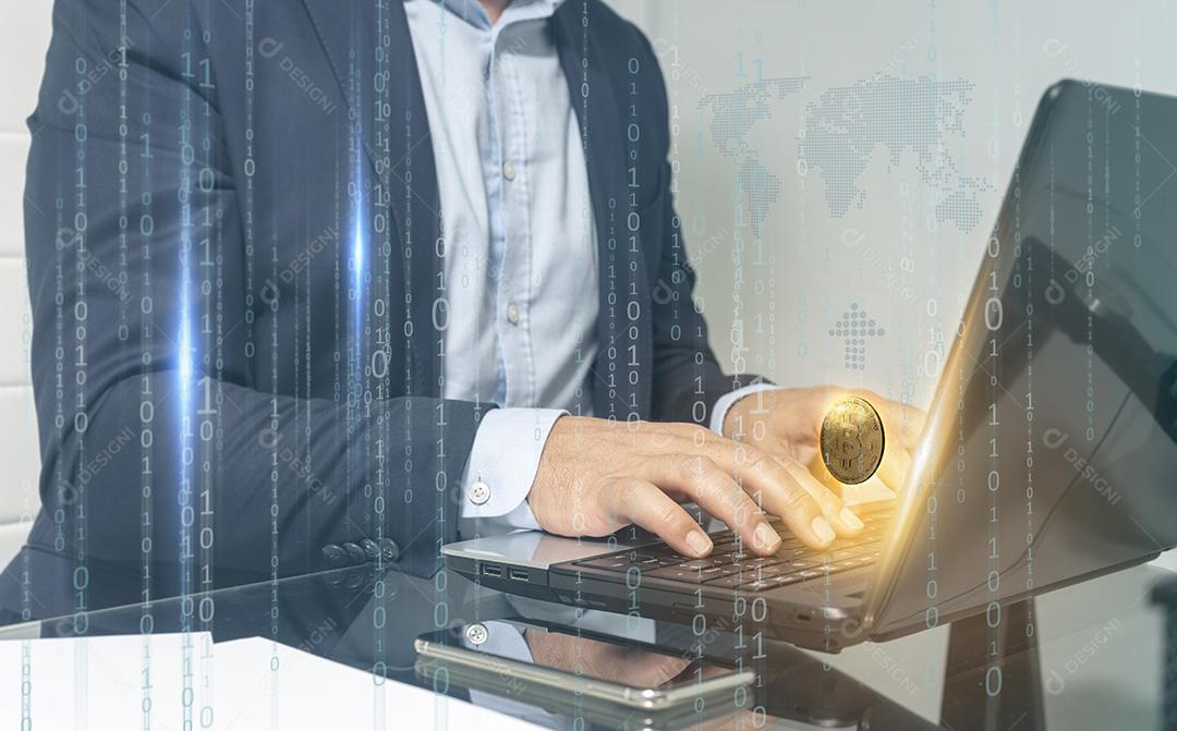 Foto Empresário Sentado Seu Escritório Investindo Criptomoeda Mercados Conceito Finanças