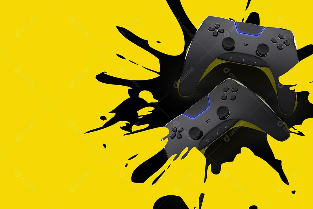 Foto Jogo de Controle Caindo Em Um Respingo de Tinta Amarela Renderização Em 3D