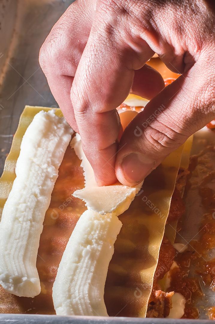 Fotos lasanha sendo preparada com carne de porco desfiada, carne de porco desfiada