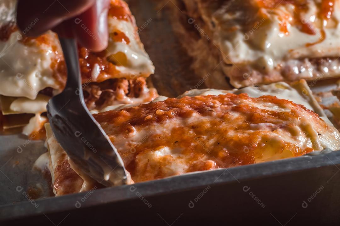 Fotos lasanha sendo preparada com carne de porco desfiada, carne de porco desfiada