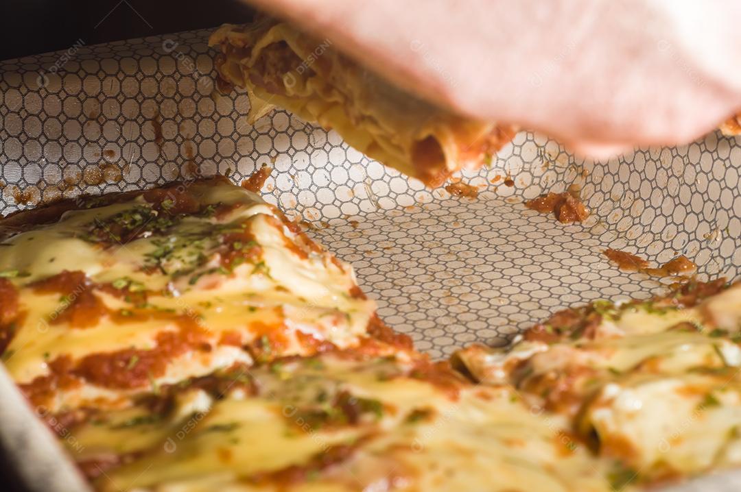 Fotos lasanha sendo preparada com carne de porco desfiada, carne de porco desfiada