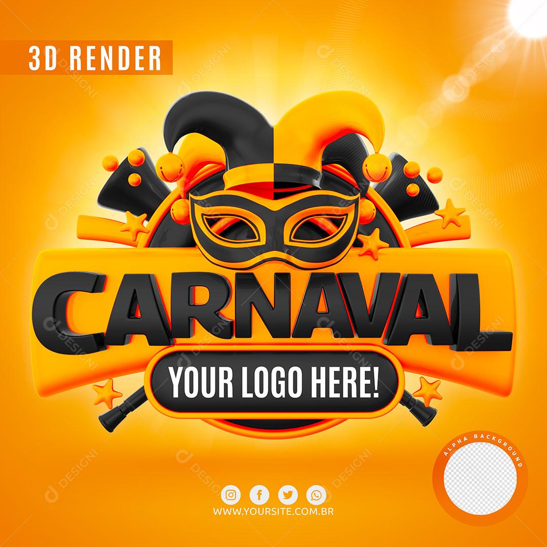 Selo 3D Carnaval Preto Laranjado Para Composição Logo Editável PSD