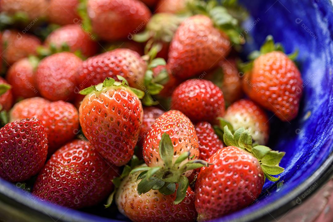 Lindos Morangos Em Uma Vasilha Azul Imagem JPG