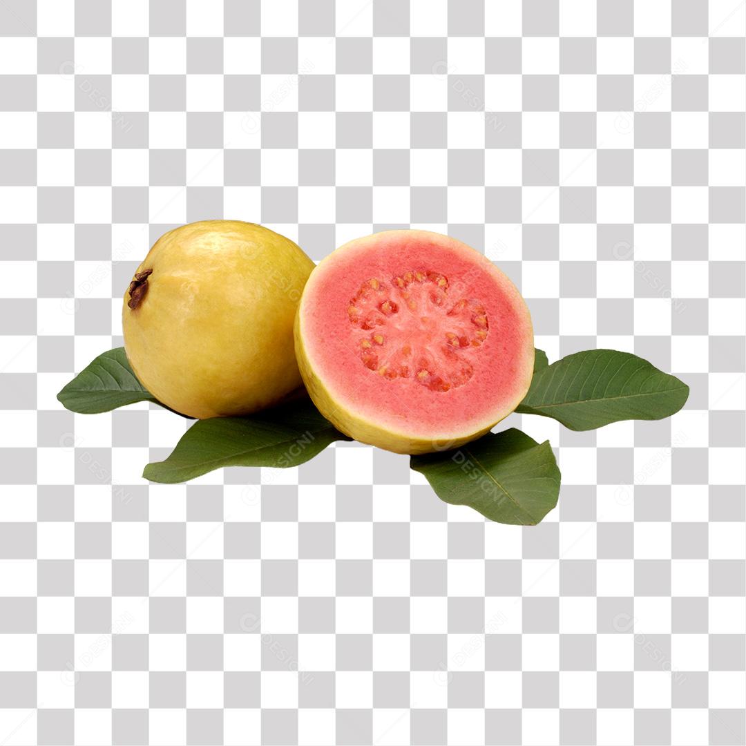 Goiabas Partidas Ao Meio e Folhas PNG Transparente