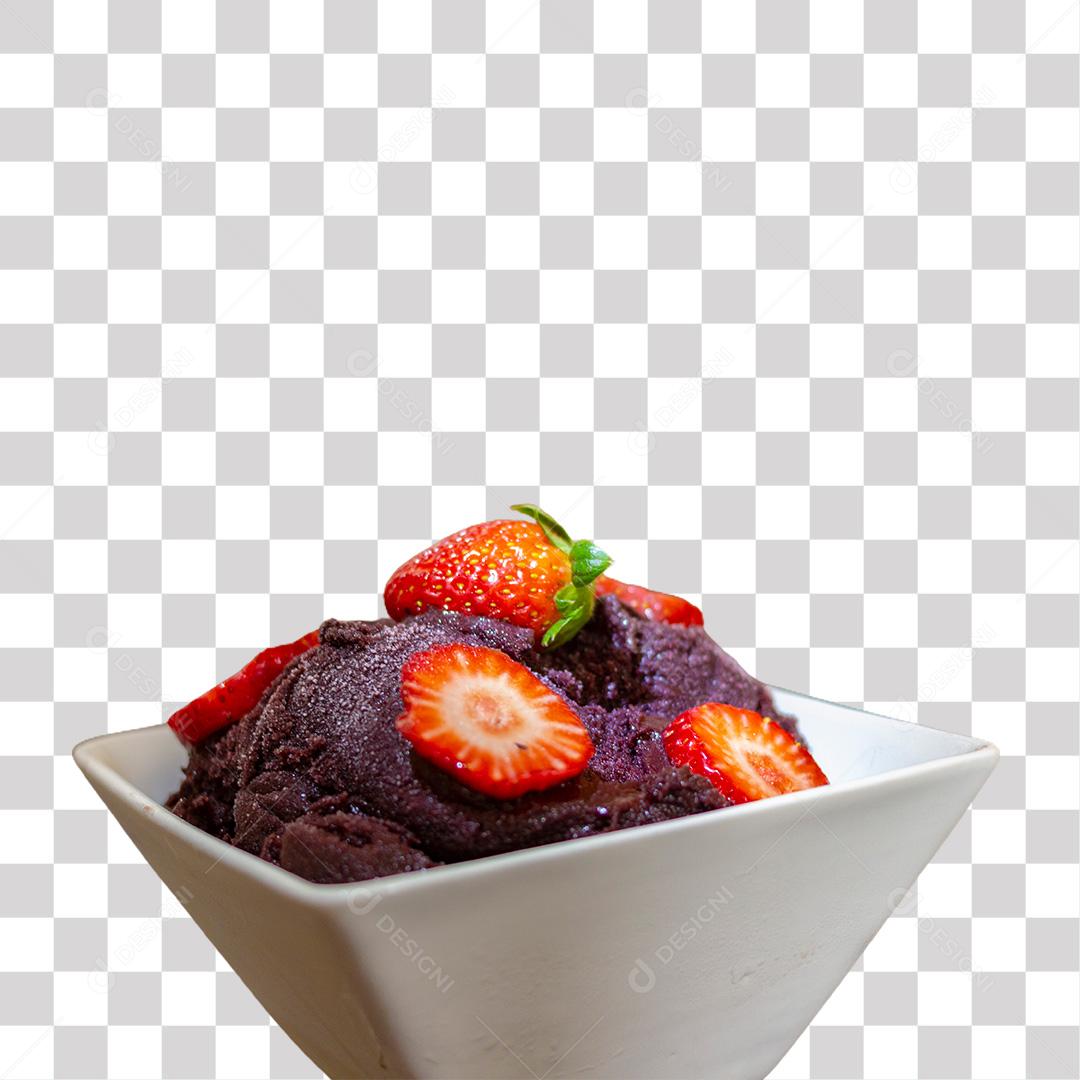 Sorvete de Açaí com Fatias de Morango em Tigela Branco PNG Transparente