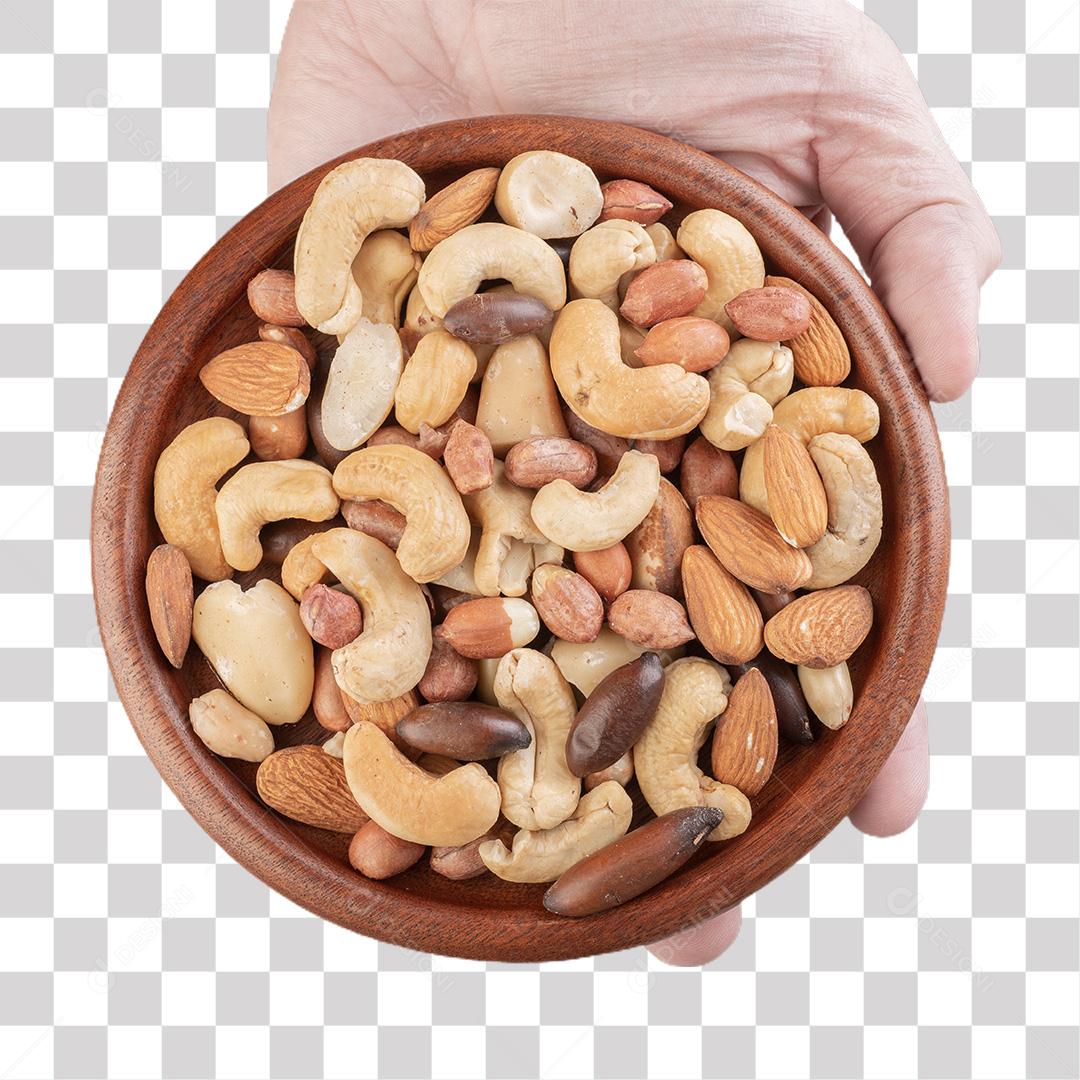 Mão Segurando Tigela com Castanha Do Para PNG Transparente