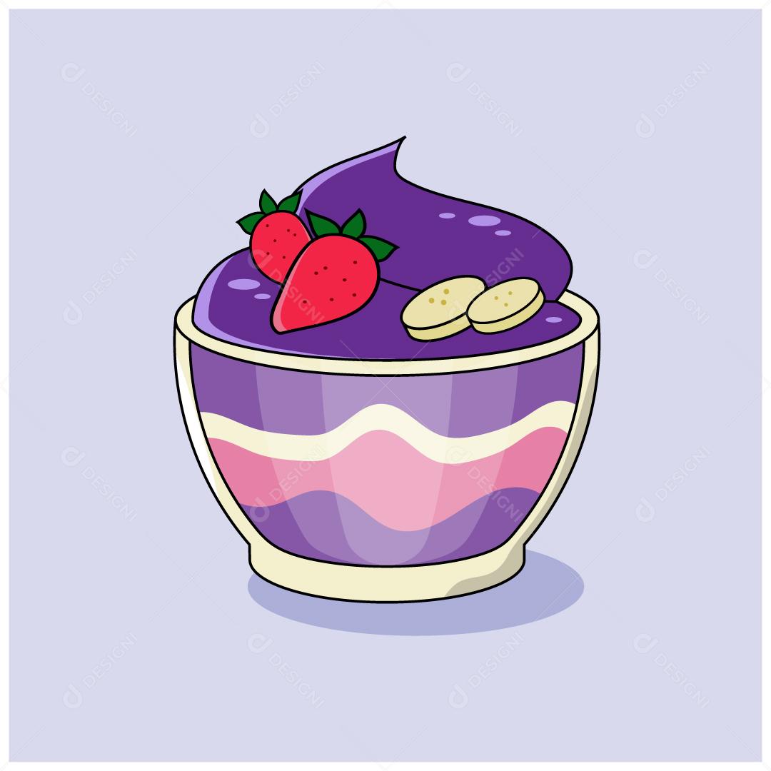 Açaí Fresco em Tigela de Vidro com Frutas, Morango e Banana Vetor