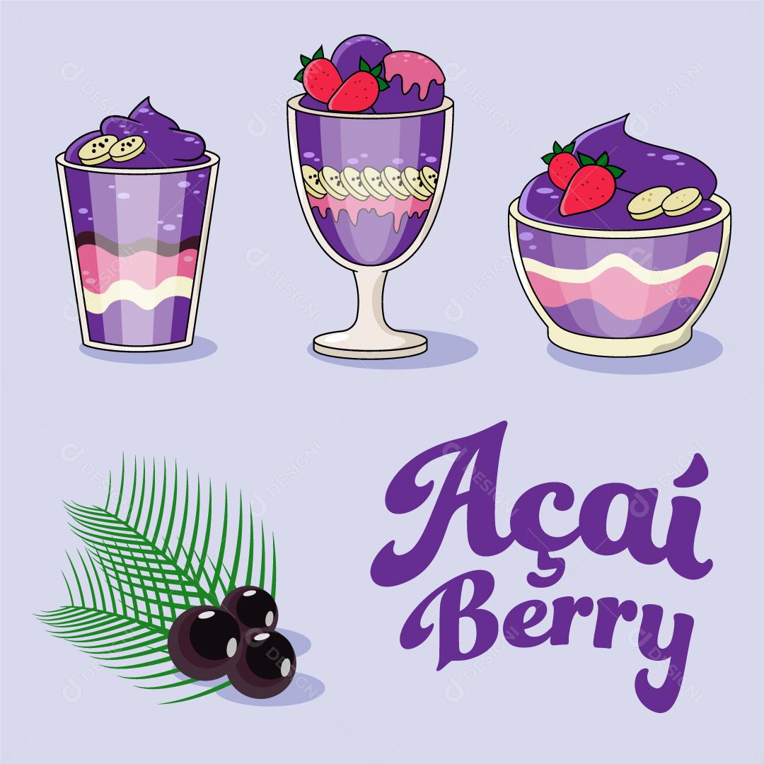 Taças Cheia de Açaí Fresco Açaí Berry Vetor EPS