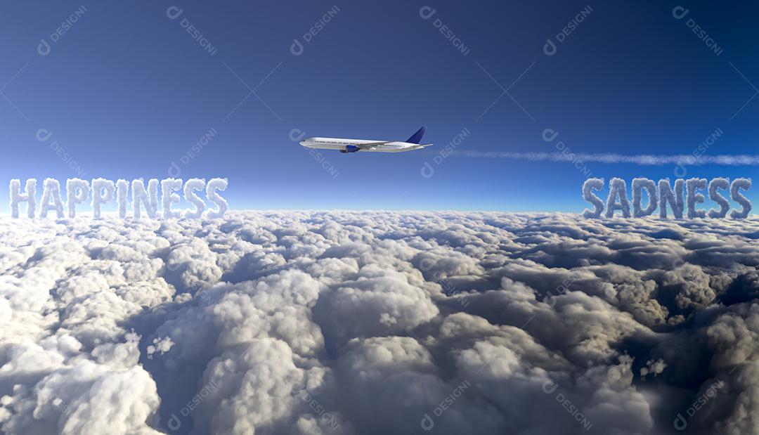 Avião comercial voando com escrita em nuvem de felicidade e tristeza Imagem JPG