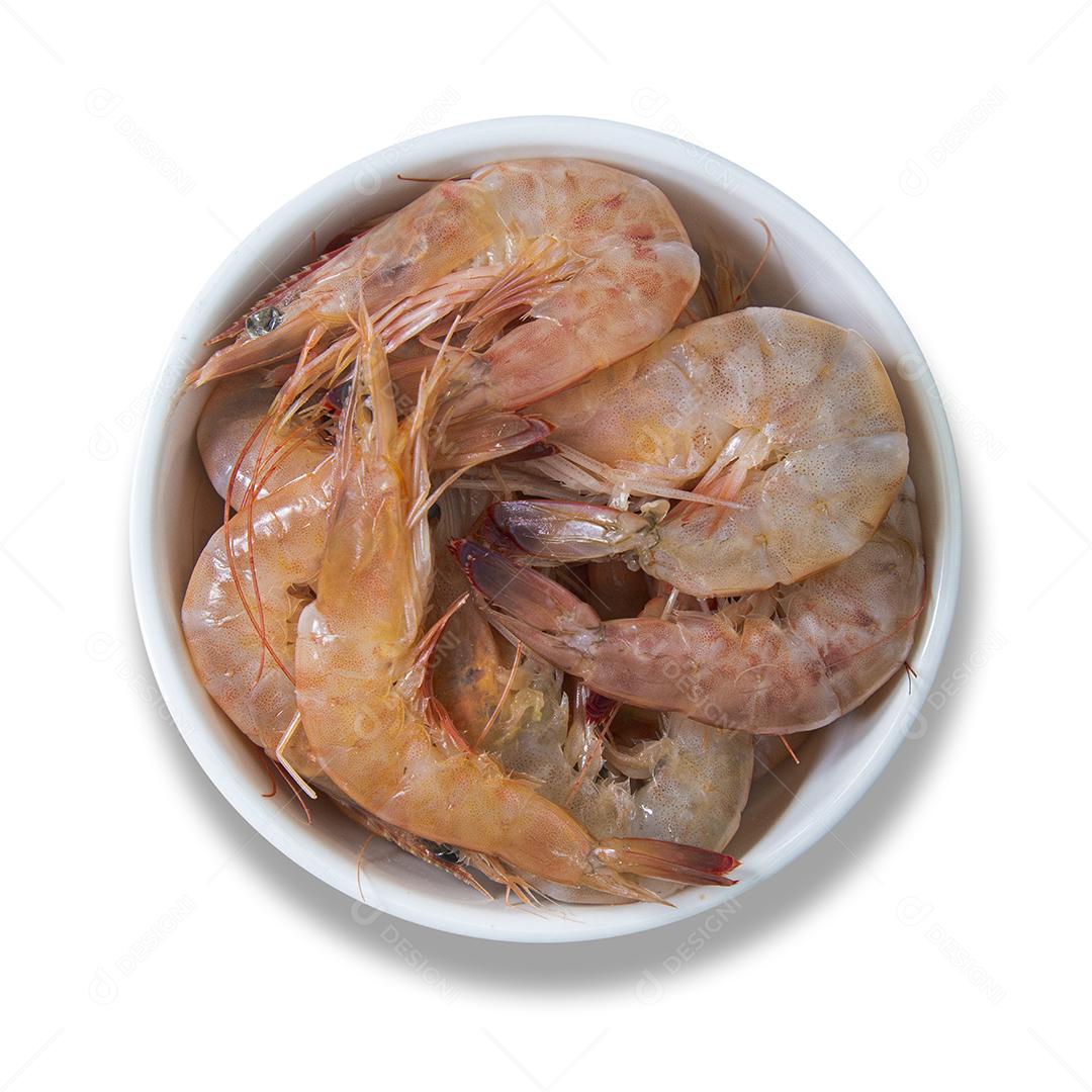 Pote Branco Com Camarão Cru Isolado no Fundo Branco Imagem JPG