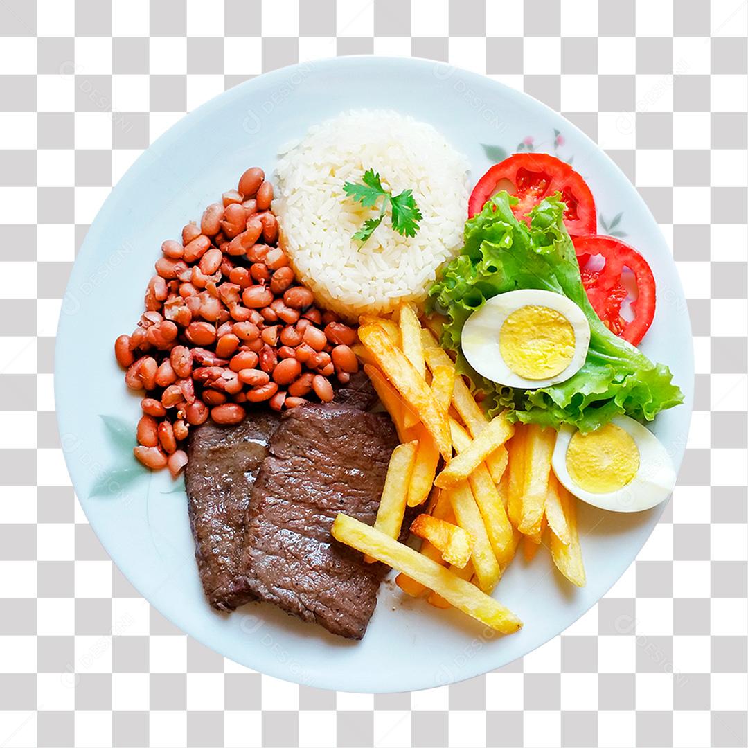 Prato de Típico Brasileiro Feijoada Arroz Bife e Salada PNG Transparente